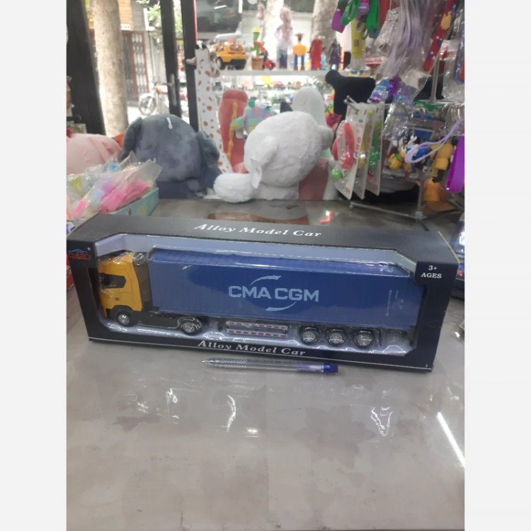 ماکت فلزی تریلی اسکانیا کانتینر دار ،موزیکال چراغدار جعبه دار رنگ زرد (1عدد)