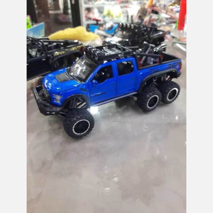 ماکت فلزی وانت فورد رپتور (F150) دوکابین شش در بازشو همراه با موتور (Ford raptor f150) شش چرخ موزیکال چراغدار